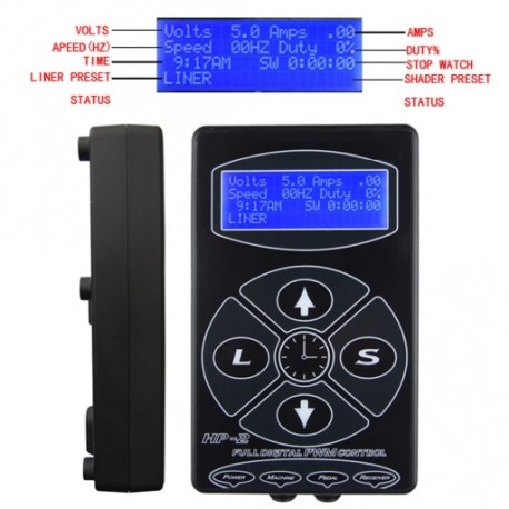1x Professzionális fekete tetováló tápegység Digitális kettős LCD kijelzők HP-2 EU US UK Plug