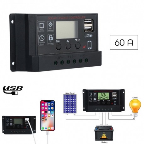 1x 12V / 24V LCD 50A napelemes töltővezérlő PWM Dual USB töltésszabályozó panel fekete