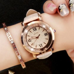 Luxus női divat rozsdamentes acél áramló Crystal Dial kvarc Watch analóg PU bőr karóra