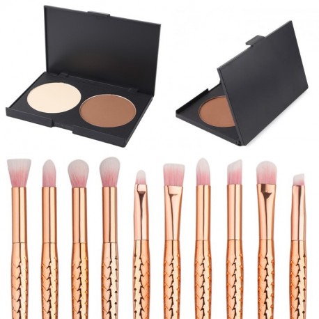 10db Pro szemöldök szemhéj kefe ecset készlet szett 2 színű alapozóval