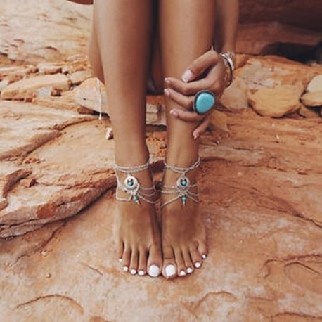 Boho tengeri csillag türkiz gyöngyök tengeri teknős anklet strand szandál boka karkötő JP