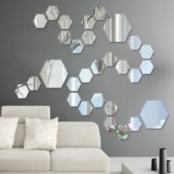 * 15 Hexagon Silver (12db) Kivehető tükör matrica Art Mural fal matricák lakberendezés DIY szoba dekoráció