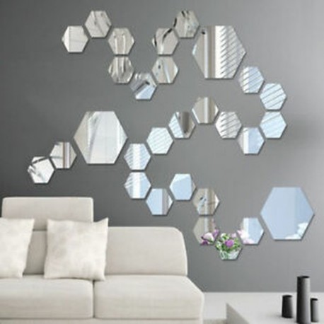 * 15 Hexagon Silver (12db) Kivehető tükör matrica Art Mural fal matricák lakberendezés DIY szoba dekoráció