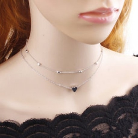 Ezüst Vintage nők szív medál egyszerű dupla rétegek choker lánc nyaklánc ékszer