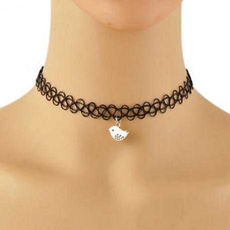 Madár Tattoo Choker Stretch nyaklánc fekete retro henna rugalmas 80-as évek 90-es évek ékszer divat