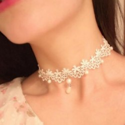 Retro női gótikus fehér virág csipke Charm gyöngy medál Choker nyaklánc ékszerek
