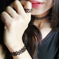 1 Készlet Retro Stretch Tattoo Choker nyaklánc karkötő gyűrű fekete elasztikus Boho