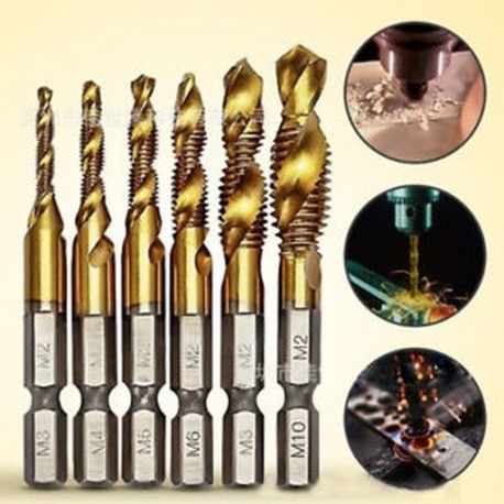 6PCS Set Hex Shank Titán bevonatú csavar menetes fúrószárak Összetett csap M3 - M10