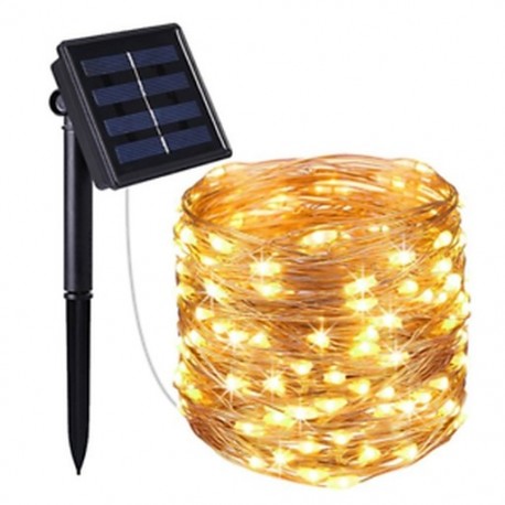Meleg fehér 100 LED-es napelemes 10 m-es rézhuzal könnyű vonós tündér Xmas otthoni kerti dekoráció