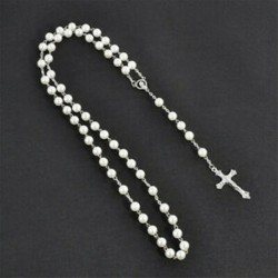 fehér Hosszú rózsafüzér Imitálja a Pearl Ball nyakláncot imádkozott gyöngyök lánc ezüst kereszt medál