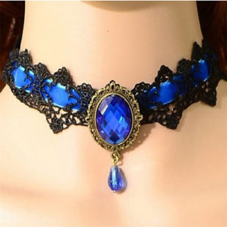 Kék Nők csipke drágakő Punk viktoriánus choker gallér nyaklánc medál gótikus Cosplay