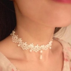 Női Gótikus Fehér Virág Csipke Gyöngy Charm Medál Choker Nyaklánc Ékszer Ajándék
