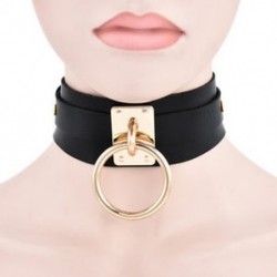 Fekete   arany gyűrű Vintage Retro Punk Gótikus Széles PU Bőr O Gyűrű gallér Choker nyaklánc nők