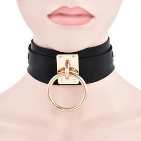 Fekete   arany gyűrű Vintage Retro Punk Gótikus Széles PU Bőr O Gyűrű gallér Choker nyaklánc nők
