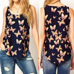 L Divat Női Sifon Butterfly Nyomtatás Ujjatlan Blúz Casual Tank Tops póló