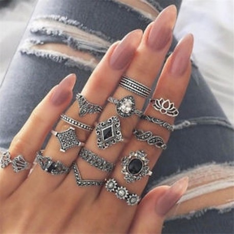 15Pcs Boho Retro Midi ujj gyűrű szett Vintage Punk Knuckle gyűrűk Esküvői ékszerek