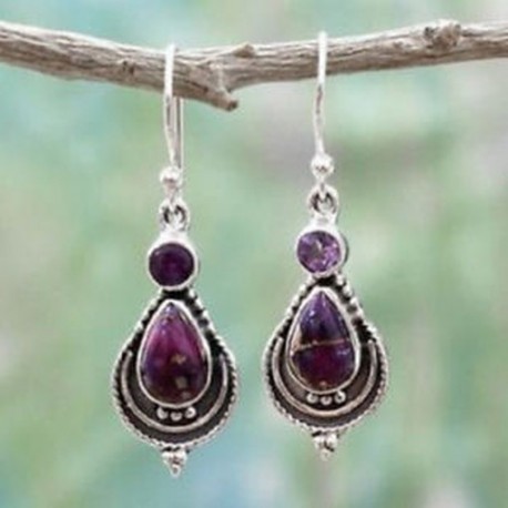 Női Boho 925 Ezüst Dangle fülbevaló lila réz türkiz horog fülbevaló