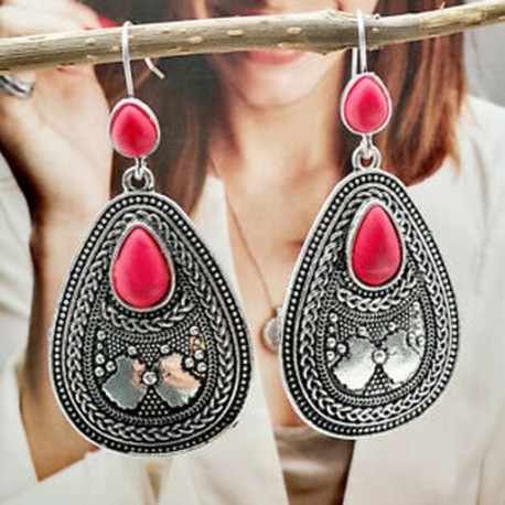 Női Boho Red Ruby drágakő 925 Ezüst csepp dugó kampók fülbevaló ékszerek