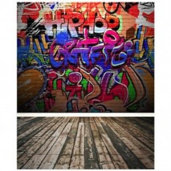 2db 150x90cm-es Graffitis téglafal és deszka padló háttér stúdió fotózáshoz - B1I0
