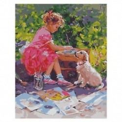 5X (Kislány figura és Állati Kutya Tájmintázat Wall Art Canvas Decora W3D4