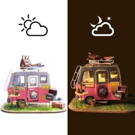 Robotime Diy boldog lakókocsi bútorokkal gyermekek felnőtt miniatűr fa do X3C2