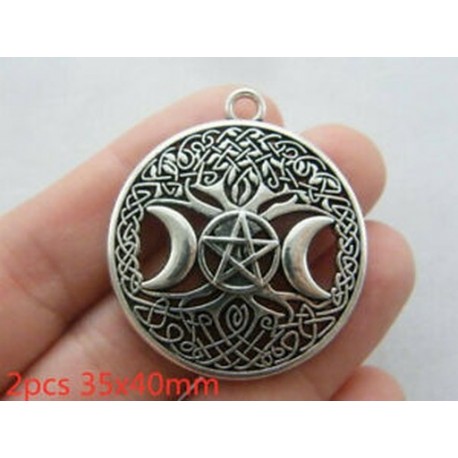 2db 35x40mm-es hármas fa fa varázsolja az Antiuqe ezüst tónusú medál gyöngyöt