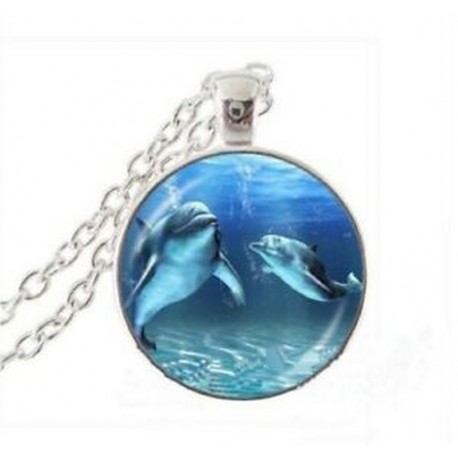 Vintage delfin cabochon tibeti ezüst üveg lánc medál nyaklánc ékszerek Új