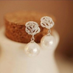 36-Rose Flower Pearl Ear Stud - Elegáns fehér gyöngy kerek karika fülbevalók női kis nagy gyöngy fülbevalók ékszerek