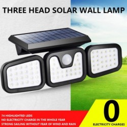 Kültéri érzékelő fény 3 fejű napfény nagy fényerejű 74LED 360 ° os szöggel állítható IP65 vízálló automatikus