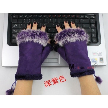 Lila - Meleg stílusos női valódi nyúlszőrme kézcsukló melegítő ujj nélküli téli kesztyű