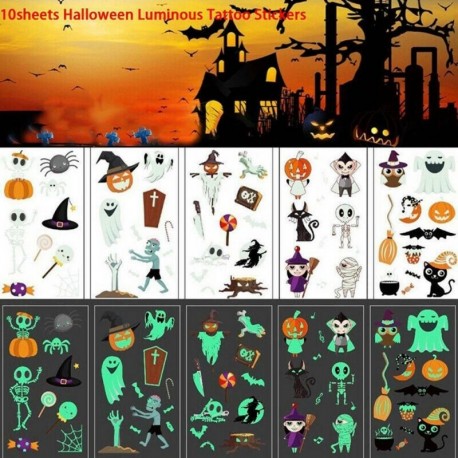 10 lapnyi - Sötétben világító - fluoreszkáló Halloween témájú ideiglenes Tetoválás - vízálló matrica - unisex