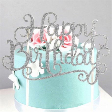 Happy Birthday - Ezüst színű csillogós akril tortadísz szülinapra - 1