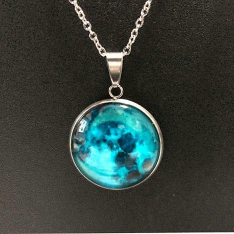 Kék fluoreszkáló felkelő hold - Vintage Retro Butterfly Dragon Cabochon bronz üveglánc medál nyaklánc