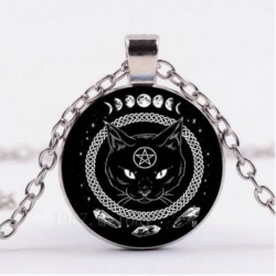 Nincs szín - Retro fekete macska Pentagram Photo Cabochon üveg medál lánc nyaklánc ékszer