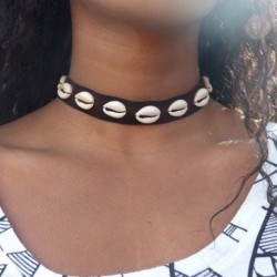 Nincs szín - Fekete bőr Cowrie Shell Choker nyaklánc Előke nyilatkozat Charm Medál ékszerek