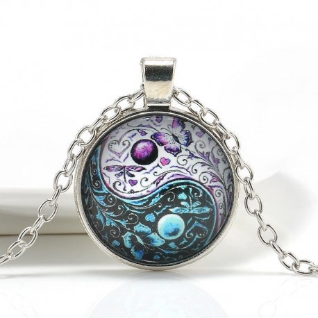 Nincs szín - Vintage Ying Yang pillangó Cabochon üveg medál ezüst lánc nyaklánc ékszer