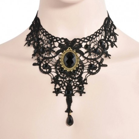 Nincs szín - Gótikus viktoriánus fekete csipke choker nyaklánc fém Cameo Jewel Steampunk Cosplay