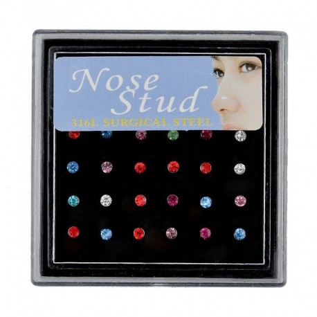 Sokszínű - 24db acél kristály orr ajak gyűrű csont csavar strasszos testpiercing ékszer