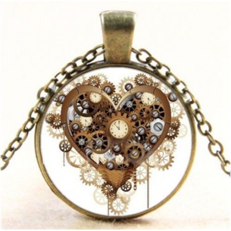 Nincs szín - Vintage Retro Steampunk szív fotó Cabochon üveg medál bronz lánc nyaklánc
