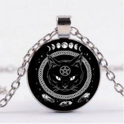 Fekete Macska Pentagram - Vintage Retro Punk Cabochon üveg medál ezüst bronz lánc nyaklánc ékszer