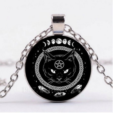 Fekete Macska Pentagram - Vintage Retro Punk Cabochon üveg medál ezüst bronz lánc nyaklánc ékszer