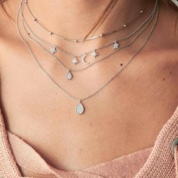 * 95 Ezüstcsillagos Hold - Divat női többrétegű kristály medál choker gallér lánc nyaklánc ékszerek
