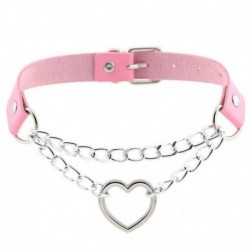 Rózsaszín - Női punk choker nyaklánc gallér PU bőr gótikus szív hosszú lánc Egyesült Királyság
