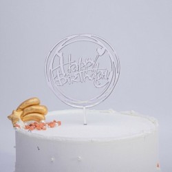 Happy Birthday - Ezüst színű kerek akril tortadísz szülinapra - 2
