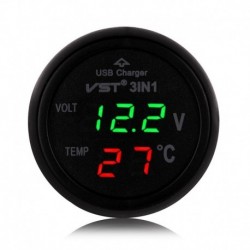 zöld - Univerzális 12V / 24V 3 IN 1 digitális LED autós voltmérő hőmérő automatikus USB töltő szivargyújtó