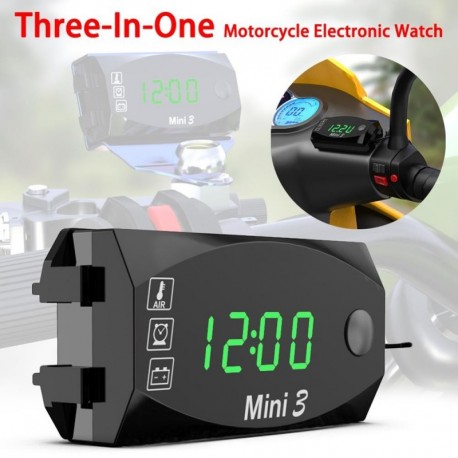 Zöld - Univerzális motorkerékpár elektronikus óra hőmérő voltmérő három az egyben IP67 vízálló porálló LED óra