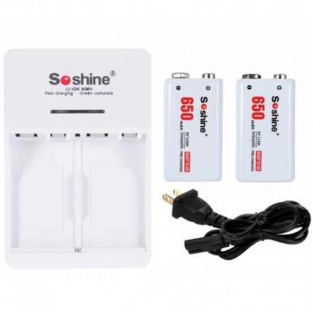 EU csatlakozó - 2db 9V akkumulátor soshine Eredeti 9v újratölthető 650mAh 9v li-ion akkumulátorok   1db akkumulátor