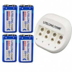 4db új Li-Ion 9V 880MAH újratölthető akkumulátor  1 intelligens töltő adapterrel