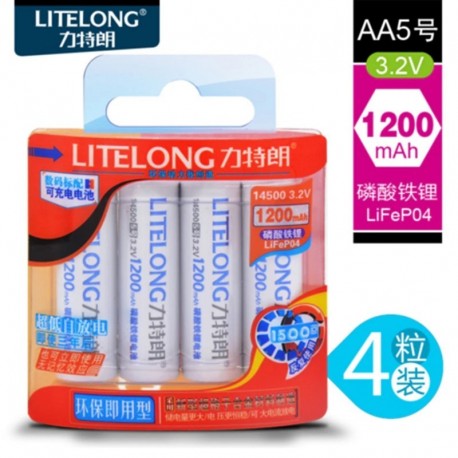 4db / tétel Új nagy kapacitású LITELONG 14500 AA 1200mah 3,2 V LiFeP04 újratölthető akkumulátor