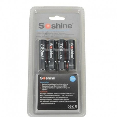 4PCS Hot Sale Soshine 700mAh 14500 akkumulátor 3,2 V LiFePO4 AA újratölthető akkumulátor a lifepo4 akkumulátorcellás